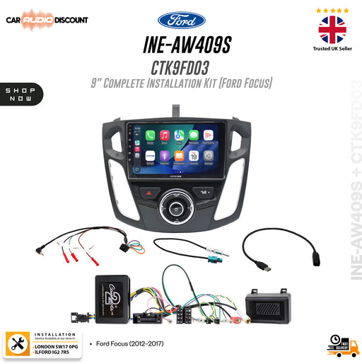 Ford Ine-AW409S CTK9FD03 9" Complete Installation Kit for Ford Focus, featuring a 9-inch touchscreen head unit, wiring harnesses, and control modules on a white background with Ford branding.