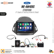 Ford in-car head unit installation kit components and wiring shown on a white background with Ford branding and product text. The kit includes a black head unit, control box, wiring harnesses, and other installation accessories.