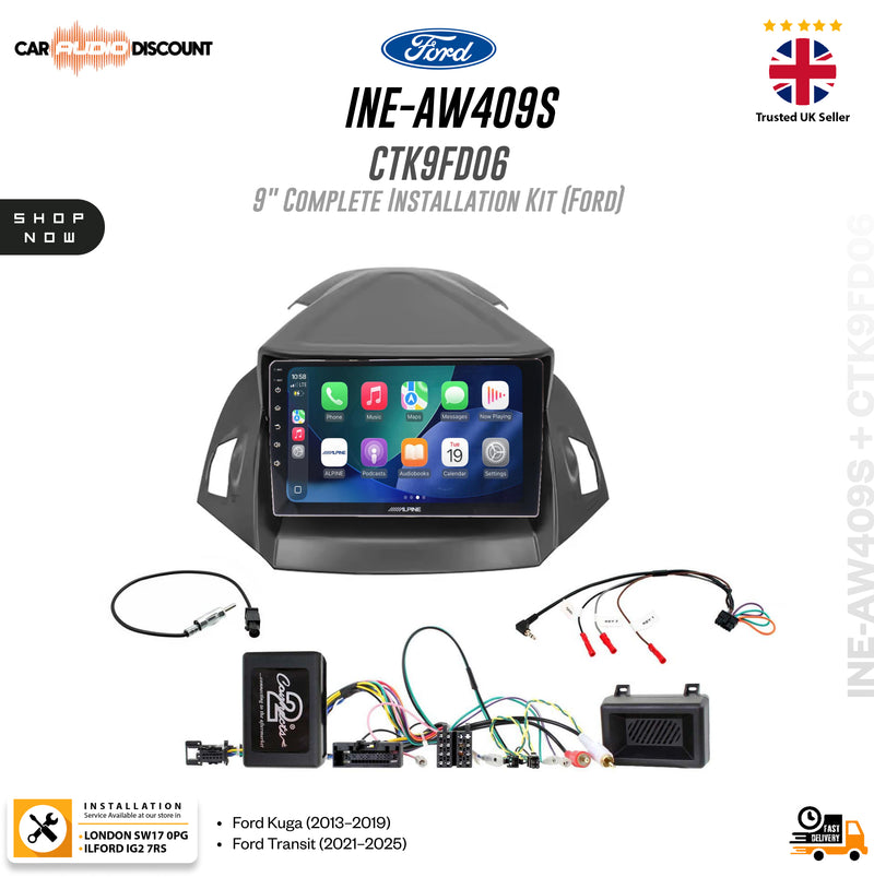 Ford in-car head unit installation kit components and wiring shown on a white background with Ford branding and product text. The kit includes a black head unit, control box, wiring harnesses, and other installation accessories.