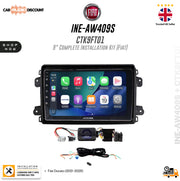 Fiat 9-inch in-dash car stereo installation kit (INE-AW409S CTK9FT01) shown with a touchscreen interface, wiring harnesses, and control module on a white background with promotional text and logos.