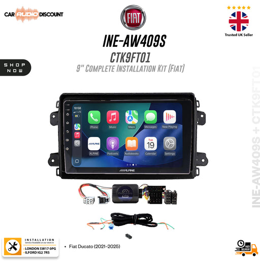 Fiat 9-inch in-dash car stereo installation kit (INE-AW409S CTK9FT01) shown with a touchscreen interface, wiring harnesses, and control module on a white background with promotional text and logos.