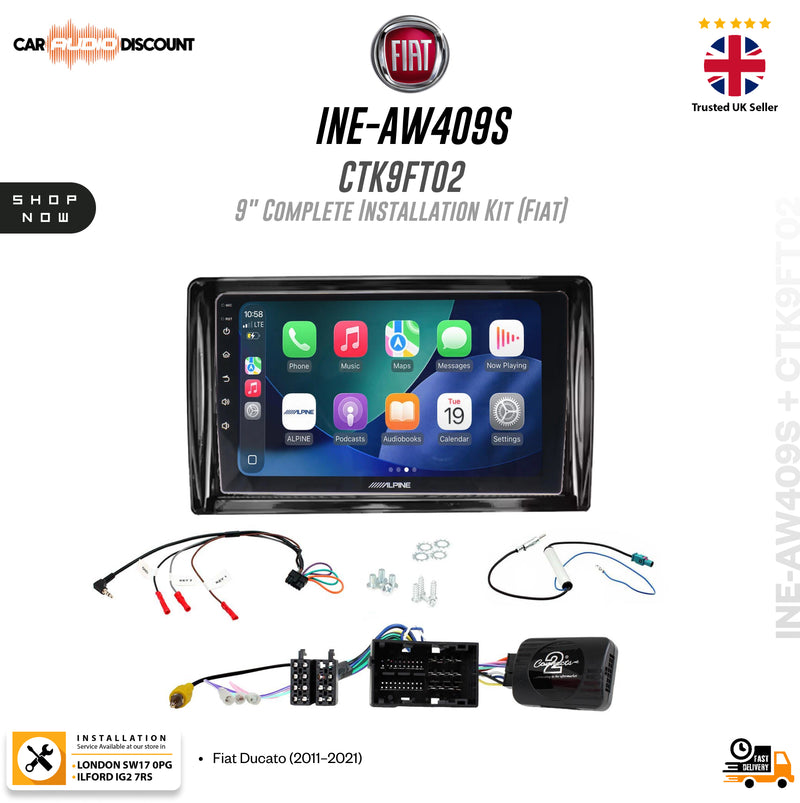 Fiat 9-inch complete installation kit (INE-AW409S + CTK9FT02) for Fiat Ducato (2011-2020), featuring a touchscreen head unit, wiring harnesses, fuse holder, and connectors on a white background with Fiat branding.
