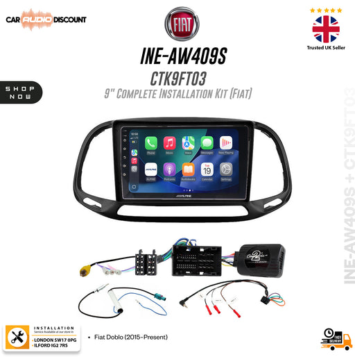 Fiat in-car navigation system installation kit for Fiat Doblo (2015-Present), model INE-AW409S CTK9FT03, featuring a 9-inch touchscreen display, wiring harnesses, fuse box, control module, and mounting frame on a white background with Fiat branding.