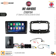 Fiat 9-inch complete installation kit (INE-AW409S CTK9FT04) for Car Audio Discount, featuring a touchscreen headunit, black plastic frame, amplifier, and various wiring harnesses on a white background.