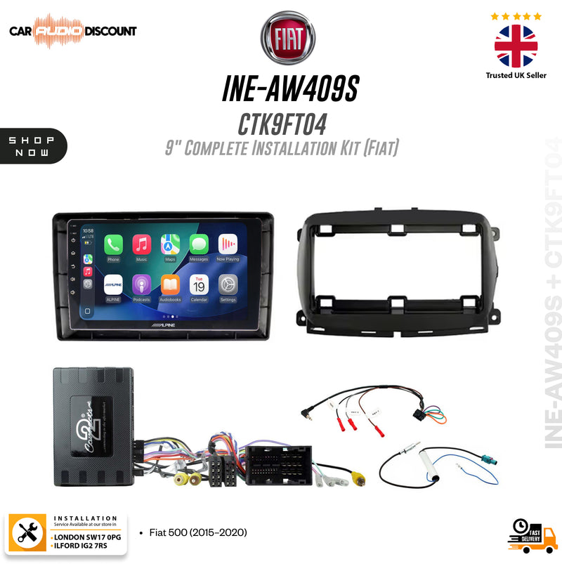 Fiat 9-inch complete installation kit (INE-AW409S CTK9FT04) for Car Audio Discount, featuring a touchscreen headunit, black plastic frame, amplifier, and various wiring harnesses on a white background.
