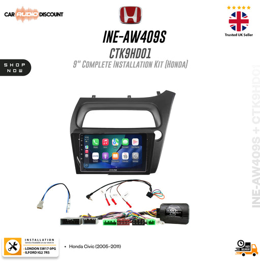 Honda in-car audio upgrade kit labeled INE-AW409 CTK9H01, showing a black 9-inch touchscreen head unit with a mounted frame, wiring harnesses, and an electronic control module on a white background with Honda and Car Audio Discount branding.