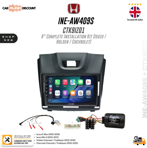 9-inch complete installation kit for Isuzu, Holden, and Chevrolet vehicles, featuring a black bezel-mounted touchscreen display, wiring harnesses, and an electronic control module, shown on a white background with Honda, Hyundai, and Ford logos.