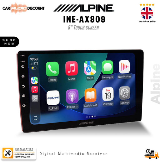 Alpine INE-AX809 9-inch touch screen digital multimedia receiver shown at an angle on a white background with product specifications, brand logos, and installation icons.