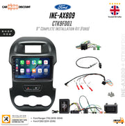 Ford INE-AX809 CTK9FD01 9-inch complete installation kit for Ford Ranger and Ford F250, featuring a black in-dash touchscreen headunit and multiple wiring harnesses and accessories displayed on a white background with Ford branding.