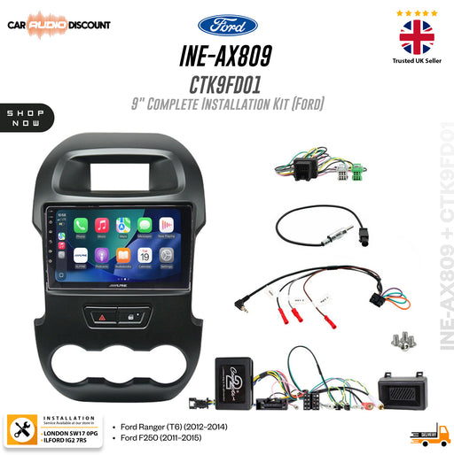 Ford INE-AX809 CTK9FD01 9-inch complete installation kit for Ford Ranger and Ford F250, featuring a black in-dash touchscreen headunit and multiple wiring harnesses and accessories displayed on a white background with Ford branding.