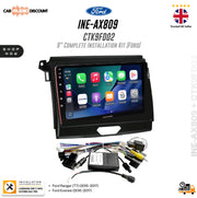 Ford INE-AX009 CTK9FD02 9-inch car stereo touchscreen display kit with wiring harnesses and control module, shown on a white background with Ford branding and installation kit text.