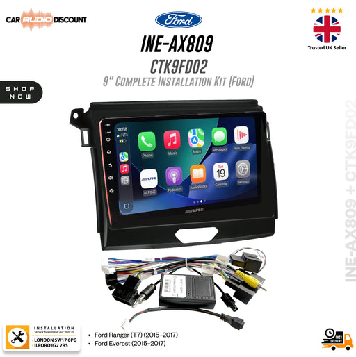Ford INE-AX009 CTK9FD02 9-inch car stereo touchscreen display kit with wiring harnesses and control module, shown on a white background with Ford branding and installation kit text.