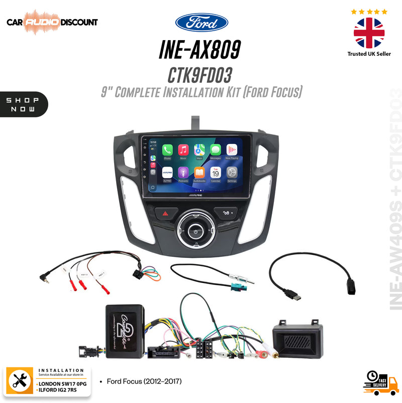 Ford Ine-Ax809 Ctk9fd03 9" complete installation kit for Ford Focus, featuring a 9-inch touchscreen head unit, wiring harnesses, and control module on a white background with Ford and installer logos.
