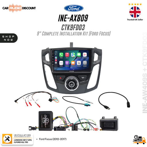 Ford Ine-Ax809 Ctk9fd03 9" complete installation kit for Ford Focus, featuring a 9-inch touchscreen head unit, wiring harnesses, and control module on a white background with Ford and installer logos.