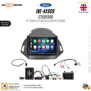 Ford 9-inch in-dash car stereo installation kit (INE-AX809 CTK9FD06) with wiring harnesses and control modules, shown on a white background with Ford branding and installation details.