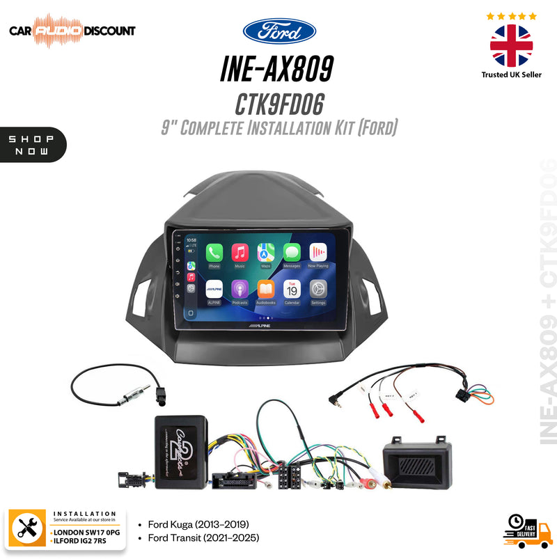 Ford 9-inch in-dash car stereo installation kit (INE-AX809 CTK9FD06) with wiring harnesses and control modules, shown on a white background with Ford branding and installation details.