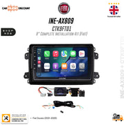 Fiat 9-inch complete installation kit for a car headliner, featuring a touchscreen display, wiring harness, and control module, with brand logos and product specifications.