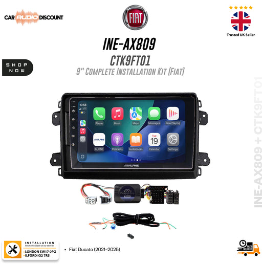 Fiat 9-inch complete installation kit for a car headliner, featuring a touchscreen display, wiring harness, and control module, with brand logos and product specifications.