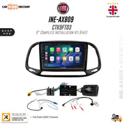 Fiat 9-inch complete installation kit (INE-AX809/CTK9FT03) for a dashboard console, featuring a black bezel with an Apple-style touchscreen interface, wiring harnesses, and control modules, presented on a white background with Fiat branding.