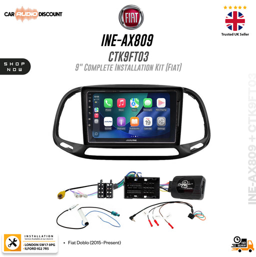 Fiat 9-inch complete installation kit (INE-AX809/CTK9FT03) for a dashboard console, featuring a black bezel with an Apple-style touchscreen interface, wiring harnesses, and control modules, presented on a white background with Fiat branding.
