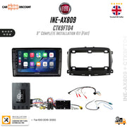 Fiat 9-inch complete installation kit (INE-AX809, CTK9FT04) for Car Audio Discount, featuring a touchscreen bezel, rear frame, head unit, wiring harnesses, and control module on a white background with brand logos.