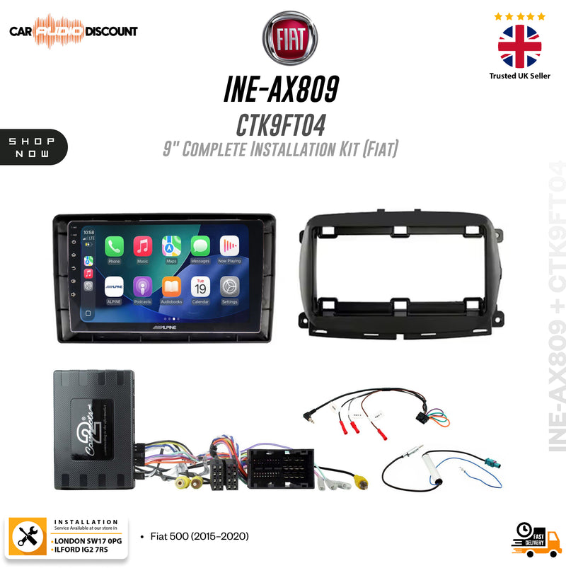 Fiat 9-inch complete installation kit (INE-AX809, CTK9FT04) for Car Audio Discount, featuring a touchscreen bezel, rear frame, head unit, wiring harnesses, and control module on a white background with brand logos.