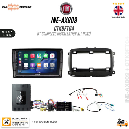 Fiat 9-inch complete installation kit (INE-AX809, CTK9FT04) for Car Audio Discount, featuring a touchscreen bezel, rear frame, head unit, wiring harnesses, and control module on a white background with brand logos.