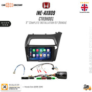 Honda ineq-ax809 ctk9hd01 9-inch complete installation kit for a Honda Civic (2006-2011), featuring a black bezel with an integrated touchscreen, wiring harnesses, and an ECU module, displayed on a white background with Honda and Car Audio Discount branding.
