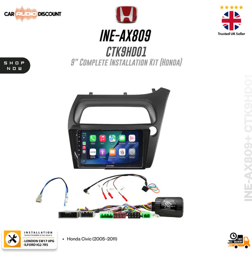 Honda ineq-ax809 ctk9hd01 9-inch complete installation kit for a Honda Civic (2006-2011), featuring a black bezel with an integrated touchscreen, wiring harnesses, and an ECU module, displayed on a white background with Honda and Car Audio Discount branding.
