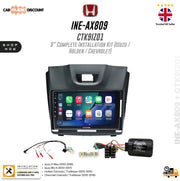Honda INE-AX809 CTK9IZ01 9" Complete Installation Kit for Isuzu, Holden, and Chevrolet, featuring a black bezel with an integrated touchscreen display, wiring harnesses, and an electronic control module on a white background with text and logos.