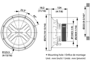 Technical drawing of a Kenwood speaker with dimensions labeled