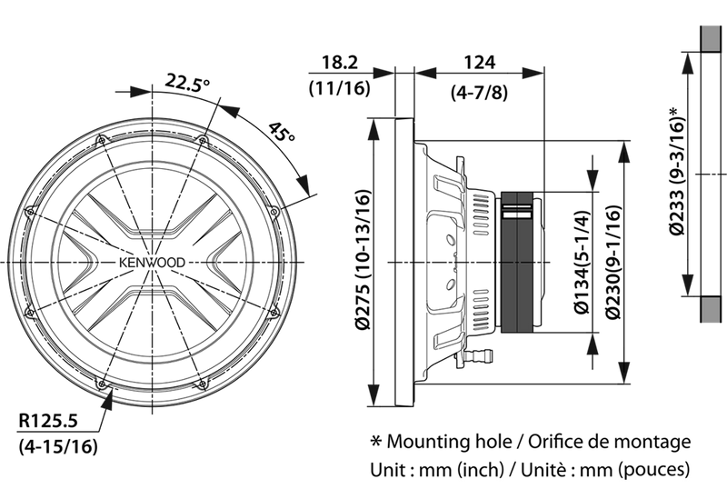 Technical drawing of a Kenwood speaker with dimensions labeled