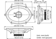 Technical drawing of a speaker with dimensions labeled in millimeters and inches.