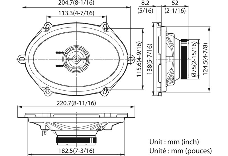 Technical drawing of a speaker with dimensions labeled in millimeters and inches.