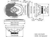 Technical drawing of a car speaker with dimensions labeled in millimeters and inches.