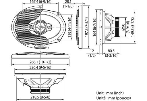 Technical drawing of a car speaker with dimensions labeled in millimeters and inches.
