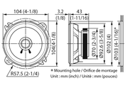 Technical drawing of a speaker with dimensions labeled in millimeters and inches.