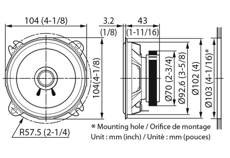 Technical drawing of a speaker with dimensions labeled in millimeters and inches.