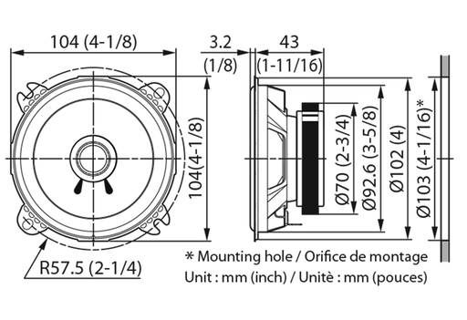 Technical drawing of a speaker with dimensions labeled in millimeters and inches.