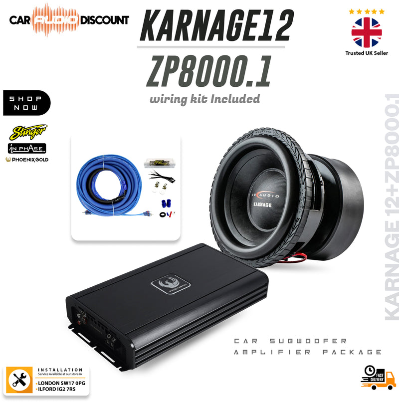 Phoenix Gold ZP8000.1 16000W amplifier with DB Audio KARNAGE 12-inch subwoofer and complete amplifier wiring kit