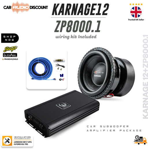 Phoenix Gold ZP8000.1 16000W amplifier with DB Audio KARNAGE 12-inch subwoofer and complete amplifier wiring kit