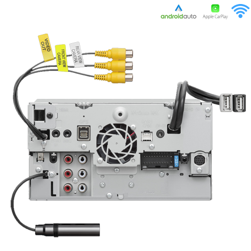 Car stereo dashboard with wiring and connectors on a white background