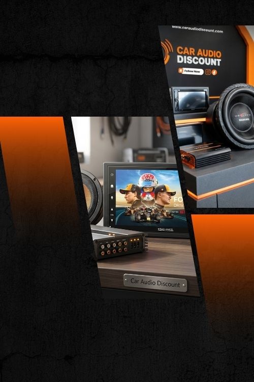 Car audio equipment with a discount banner on an orange and black background