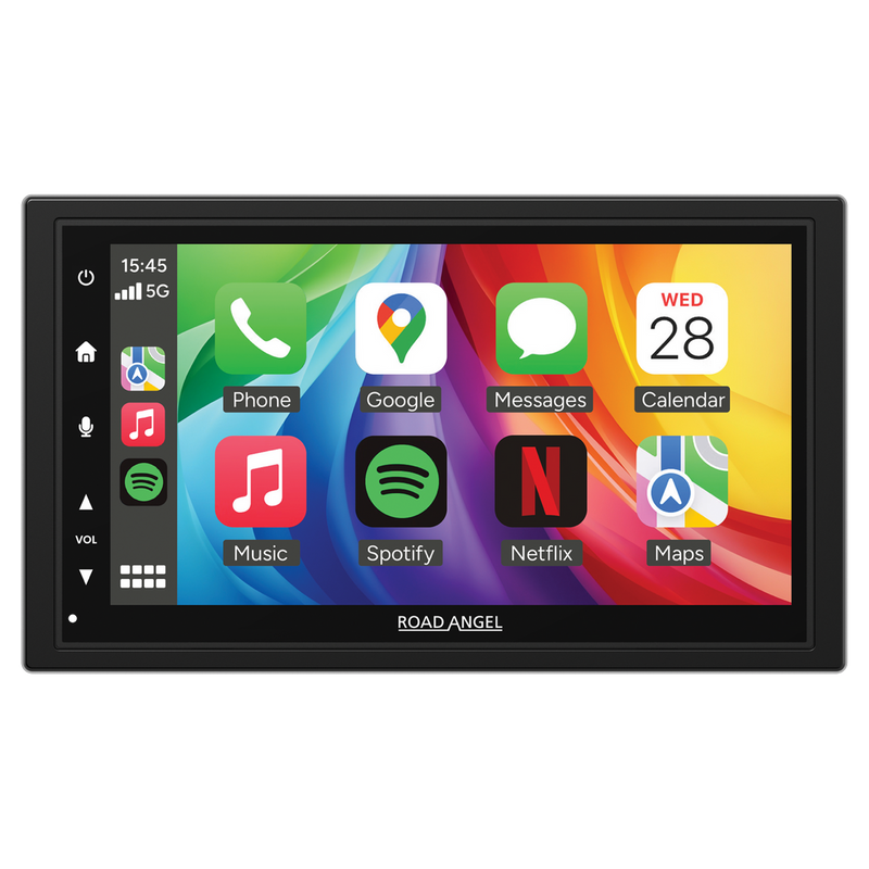 Car multimedia display with app icons on a white background
