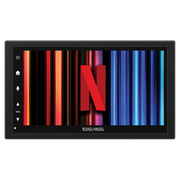 Car navigation screen displaying the Netflix logo with 'Road Angel' branding.