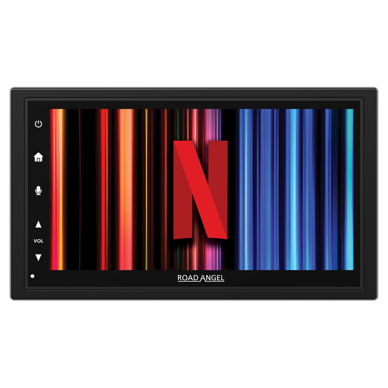 Car navigation screen displaying the Netflix logo with 'Road Angel' branding.
