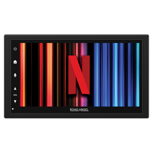 Car navigation screen displaying the Netflix logo with 'Road Angel' branding.