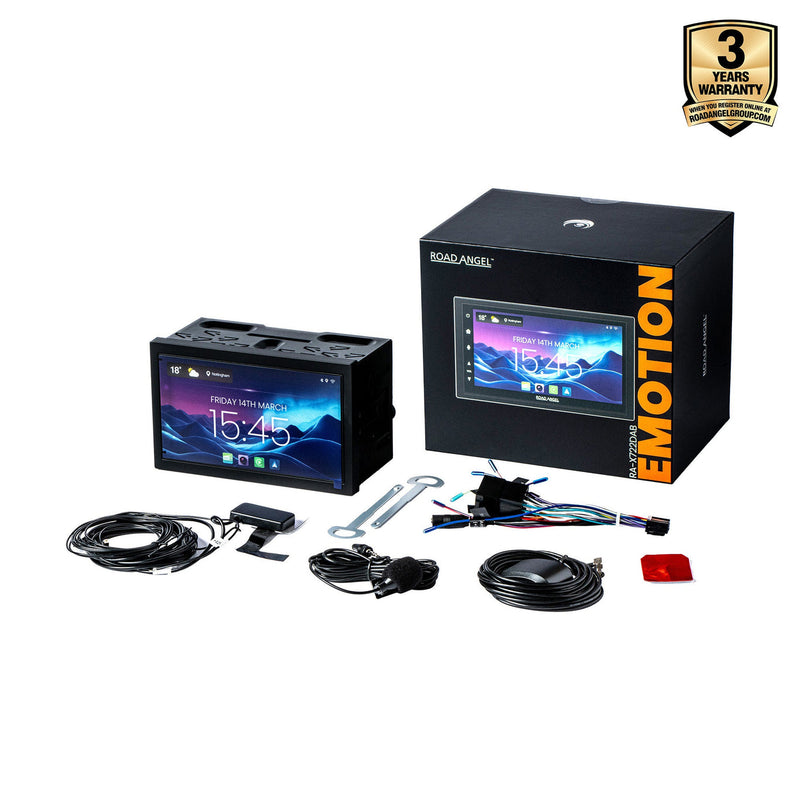 Car stereo system with touchscreen display, cables, and packaging on a white background