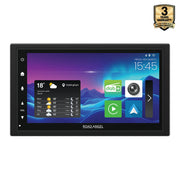 Digital display screen with weather app and navigation icons, featuring Road Angel branding.