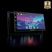 Digital display with a clock and weather app on a black background, featuring a '3 Years Warranty' badge.